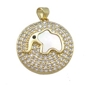Copper Elephant Pendant Pave Shell Zircon Circle 18K Gold Plated, approx 22mm [FD14591]