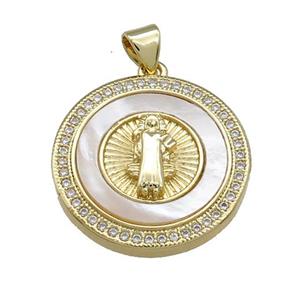Jesus Charms Copper Circle Pendant Pave Shell Zircon Circle 18K Gold Plated, approx 22mm [FD14592]