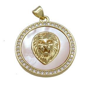 Lion Charms Copper Circle Pendant Pave Shell Zircon Circle 18K Gold Plated, approx 25mm [FD14594]