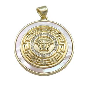 Lion Charms Copper Circle Pendant Pave Shell Zircon Circle 18K Gold Plated, approx 26mm [FD14595]