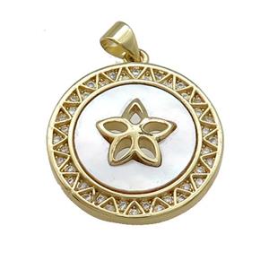 Copper Circle Pendant Pave Shell Zircon Flower 18K Gold Plated, approx 24mm [FD14596]