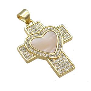 Copper Cross Pendant Pave Shell Zircon Heart 18K Gold Plated, approx 21-25mm [FD14602]