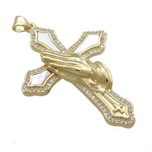 Copper Cross Pendant Pave Shell Zircon Religious Prayer 18K Gold Plated, approx 31-43mm [FD14609]
