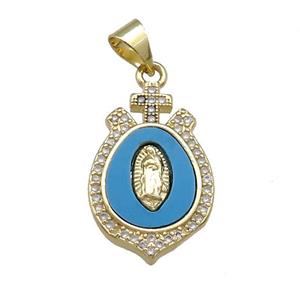 Virgin Mary Charms Copper Pendant Pave Blue Shell Zircon 18K Gold Plated, approx 13-20mm [FD14618]