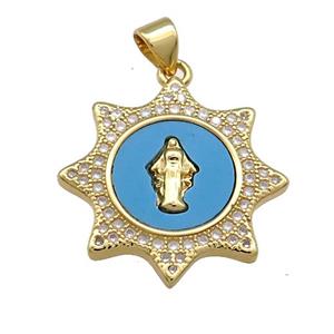 Jesus Charms Copper Pendant Pave Blue Shell Zircon 18K Gold Plated, approx 21mm [FD14620]