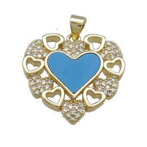 Copper Heart Pendant Pave Blue Shell Zircon 18K Gold Plated, approx 23mm [FD14622]