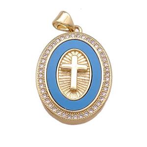 Copper Cross Pendant Pave Blue Shell Zircon Oval 18K Gold Plated, approx 19-25mm [FD14624]