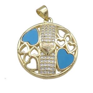 Copper Heart Pendant Pave Blue Shell Zircon Circle 18K Gold Plated, approx 23mm [FD14625]