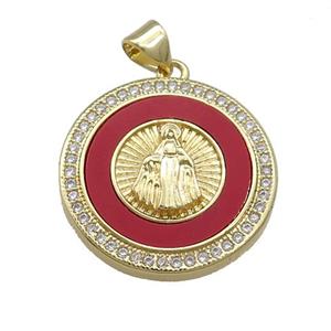 Virgin Mary Charms Copper Circle Pendant Pave Red Shell Zircon 18K Gold Plated, approx 23mm [FD14631]