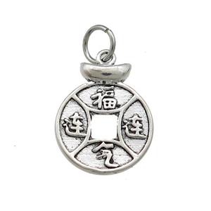 Tibetan Style Copper Circle Pendant Chinese Lucky Yuanbao Antique Silver, approx 14mm [FD14649]
