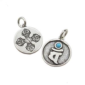 Tibetan Style Copper Circle Pendant Vajra Pestle Antique Silver Bronze, approx 12mm [FD14666]