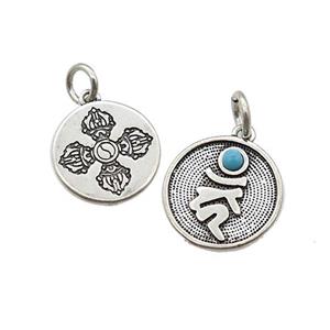 Tibetan Style Copper Circle Pendant Vajra Pestle Antique Silver Bronze, approx 12mm [FD14669]