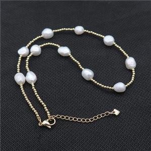 White Pearl Necklace With Copper Pony Beads Gold Plated, approx 2.5mm, 8-9mm, 40-45cm length [FD14715]