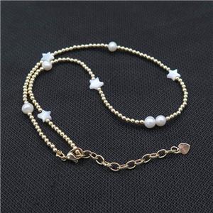 Copper Necklace With Pearl MOP Shell Star Gold Plated, approx 3mm, 8mm, 40-45cm length [FD14716]