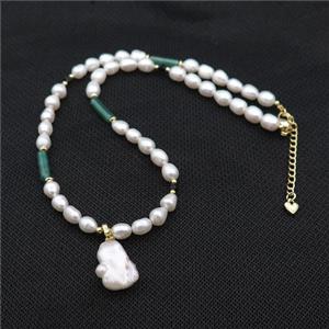 White Pearl Necklace Green Dye Agate, approx 13-18mm, 6-7mm, 40-45cm length [FD14718]