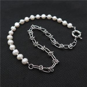 White Pearl Necklace With Copper Chain Platinum Plated, approx 8-9mm, 6mm, 7-12mm, 40-45cm length [FD14723]