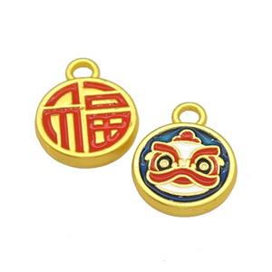Alloy Circle Pendant Dancing Lion Fu Lucky Painted Matte Gold Plated, approx 11mm [FD14778]