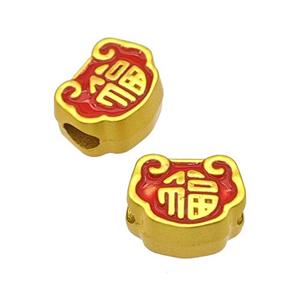Chinese Lucky Fu Lock Beads Alloy Large Hole Red Painted Matte Gold Plated, approx 8-11mm, 4mm hole [FD14791]