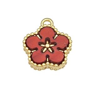 Copper Flower Pendant Pave Red Resin Gold Plated, approx 12mm [FD14817]