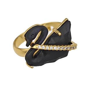 Copper Swan Rings Pave Black Acrylic Zirconia Adjustable Gold Plated, approx 12-16mm [FD14871]