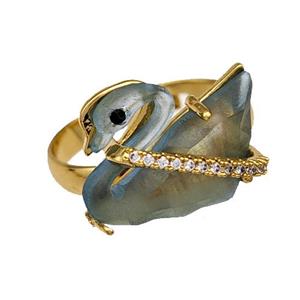 Copper Swan Rings Pave Acrylic Zirconia Adjustable Gold Plated, approx 12-16mm [FD14874]