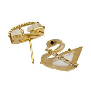 Copper Swan Stud Earrings Pave Acrylic Zirconia Gold Plated, approx 12-16mm [FD14878]
