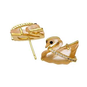 Copper Swan Stud Earrings Pave Acrylic Zirconia Gold Plated, approx 12-16mm [FD14879]