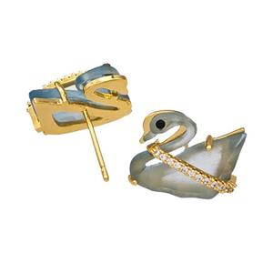 Copper Swan Stud Earrings Pave Acrylic Zirconia Gold Plated, approx 12-16mm [FD14880]