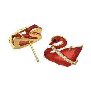Copper Swan Stud Earrings Pave Red Acrylic Zirconia Gold Plated, approx 12-16mm [FD14881]