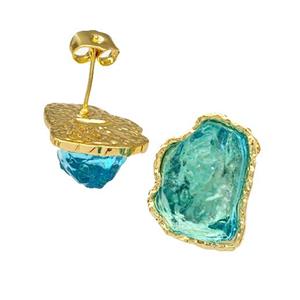 Copper Stud Earrings Pave Teal Acrylic Mountain Gold Plated, approx 16-20mm [FD14912]