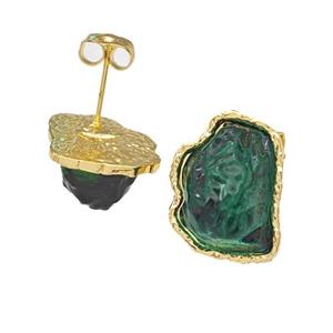 Copper Stud Earrings Pave Green Acrylic Mountain Gold Plated, approx 16-20mm [FD14913]