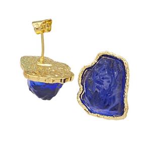 Copper Stud Earrings Pave Blue Acrylic Mountain Gold Plated, approx 16-20mm [FD14915]