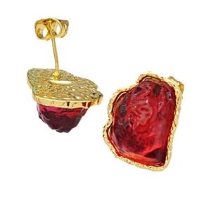 Copper Stud Earrings Pave Red Acrylic Mountain Gold Plated, approx 16-20mm [FD14916]