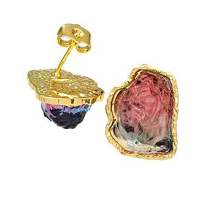 Copper Stud Earrings Pave Rainbow Acrylic Mountain Gold Plated, approx 16-20mm [FD14918]