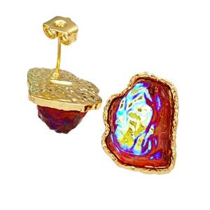 Copper Stud Earrings Pave Red Acrylic Mountain Gold Plated, approx 16-20mm [FD14920]