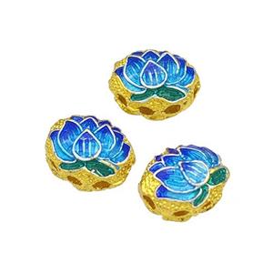 Copper Lotus Beads Blue Painted Gold Plated, approx 9-11mm [FD14945]