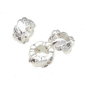 Copper Rondelle Beads Pave Zircon Large Hole Shiny Silver Plated, approx 8mm, 4mm hole [FD14973]