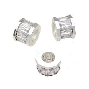 Copper Tube Beads Pave Zircon Large Hole Shiny Silver Plated, approx 9mm, 4mm hole [FD14977]