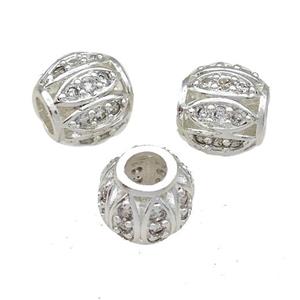 Copper Round Beads Pave Zircon Large Hole Shiny Silver Plated, approx 11mm, 5mm hole [FD14979]