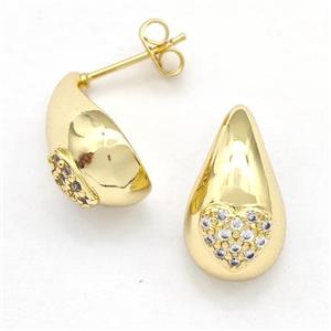Copper Teardrop Stud Earrings Pave Zirconia Hollow Gold Plated, approx 11-18mm [FD15024]