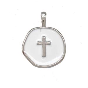 Copper Circle Pendant Cross White Enamel Platinum Plated, approx 14mm [FD15176]
