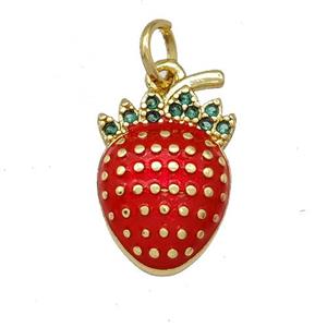 Copper Strawberry Pendant Pave Zirconia Red Painted Gold Plated, approx 10-15mm [FD15189]