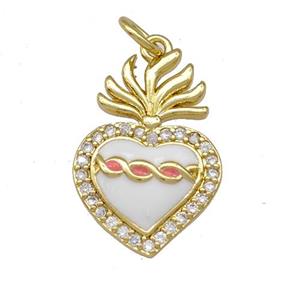 Copper Heart Pendant Micro Pave Zirconia White Enamel Gold Plated, approx 13-20mm [FD15197]