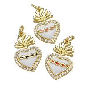 Copper Heart Pendant Micro Pave Zirconia White Enamel Gold Plated Mixed, approx 13-20mm [FD15199]