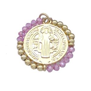 Jesus Charms Copper Circle Pendant With Lilac Crystal Glass Wrapped Gold Plated, approx 24mm [FD15220]