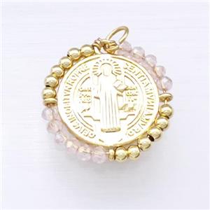 Jesus Charms Copper Circle Pendant With Clear Crystal Glass Wrapped Gold Plated, approx 24mm [FD15221]