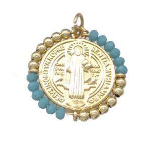 Jesus Charms Copper Circle Pendant With Green Crystal Glass Wrapped Gold Plated, approx 24mm [FD15222]