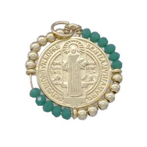 Jesus Charms Copper Circle Pendant With Green Crystal Glass Wrapped Gold Plated, approx 24mm [FD15223]