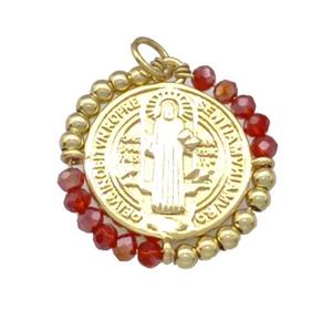 Jesus Charms Copper Circle Pendant With Red Crystal Glass Wrapped Gold Plated, approx 24mm [FD15224]