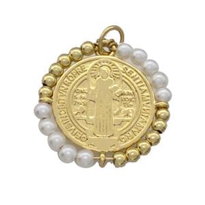 Jesus Charms Copper Circle Pendant With White Pearlized Glass Wrapped Gold Plated, approx 24mm [FD15225]